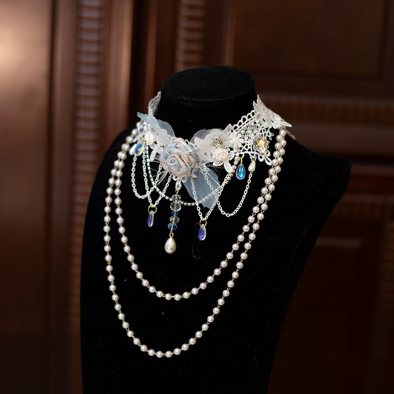 Lolita Necklace Handmade Rose Lace Choker Pearl Crystal Lolita Accessories