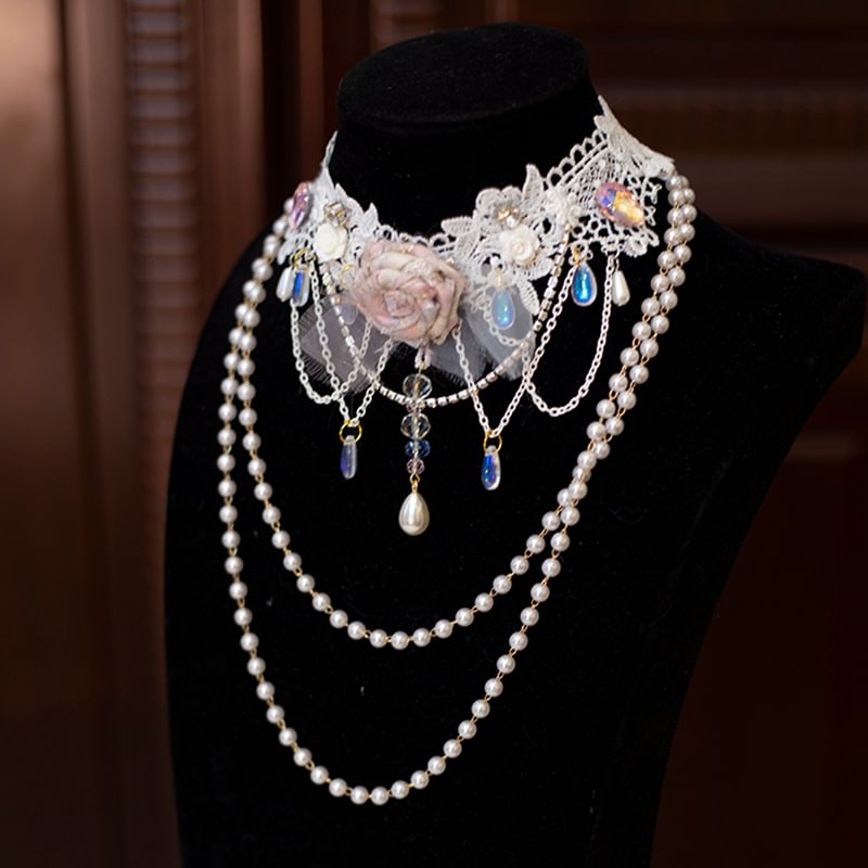 Lolita Necklace Handmade Rose Lace Choker Pearl Crystal Lolita Accessories