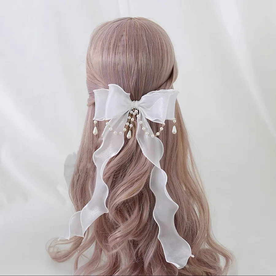 Lolita Hair Accessories Elegant Bowknot Pearl Hairpins Organza Princess Hair Clips