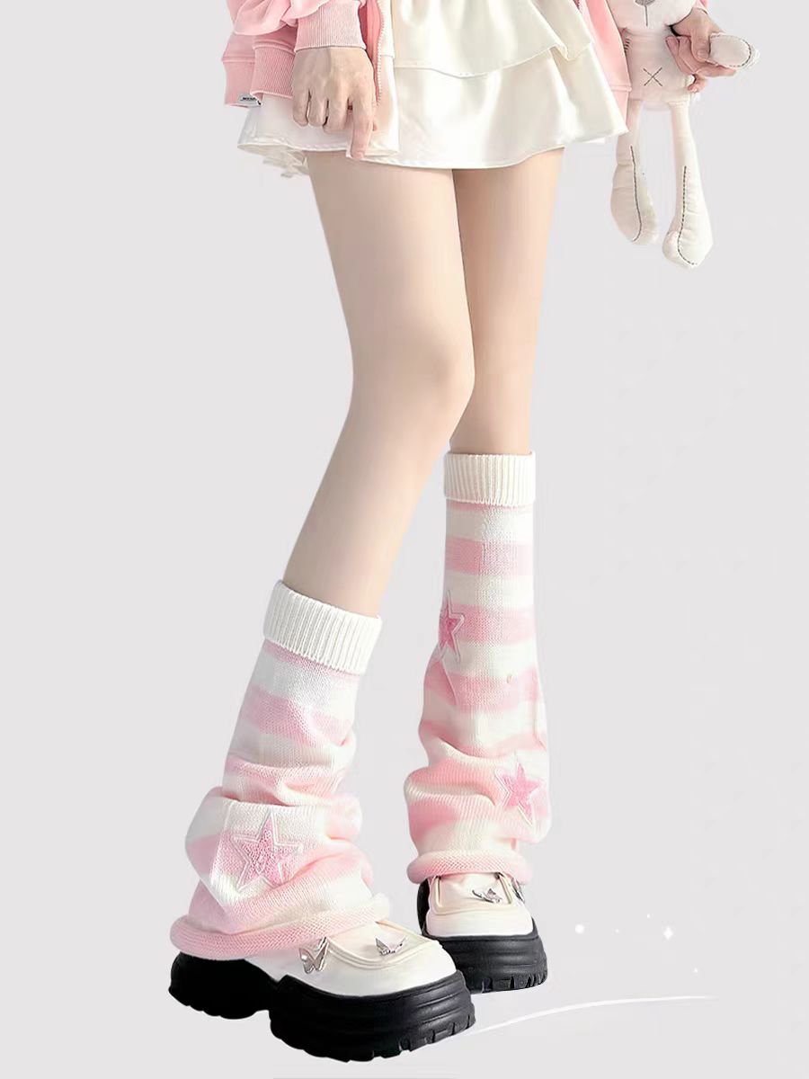 Inspired by the vibrant energy of Y2K subculture, these leg warmers blend nostalgic retro charm with playful Lolita aesthetics. Featuring bold pink and blue stripes, whimsical star and pearl details, and soft knit texture, they add a touch of rebellious cuteness to any outfit. Perfect for expressing unique street-style personality while staying cozy and fashion-forward.
