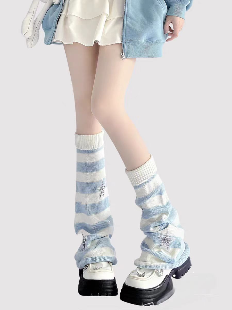 Inspired by the vibrant energy of Y2K subculture, these leg warmers blend nostalgic retro charm with playful Lolita aesthetics. Featuring bold pink and blue stripes, whimsical star and pearl details, and soft knit texture, they add a touch of rebellious cuteness to any outfit. Perfect for expressing unique street-style personality while staying cozy and fashion-forward.