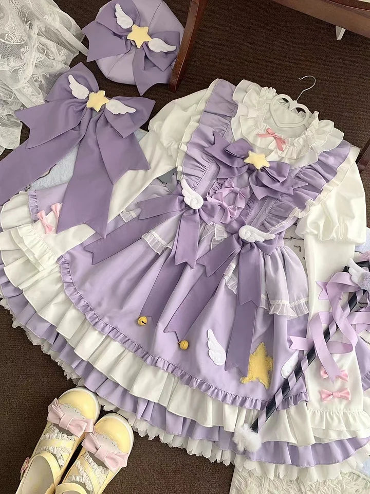 Magic Stars Bow Sweet Pink Dress Lolita Outfit JSK Doll Ruffles Kawaii Dresses Purple Dress