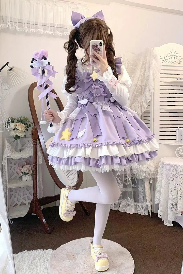 Magic Stars Bow Sweet Pink Dress Lolita Outfit JSK Doll Ruffles Kawaii Dresses Purple Dress