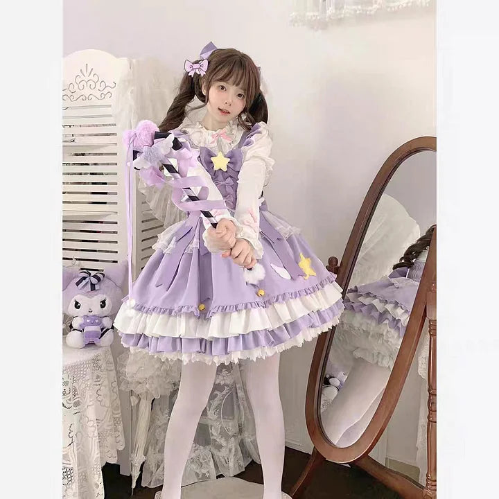 Magic Stars Bow Sweet Pink Dress Lolita Outfit JSK Doll Ruffles Kawaii Dresses Purple Dress