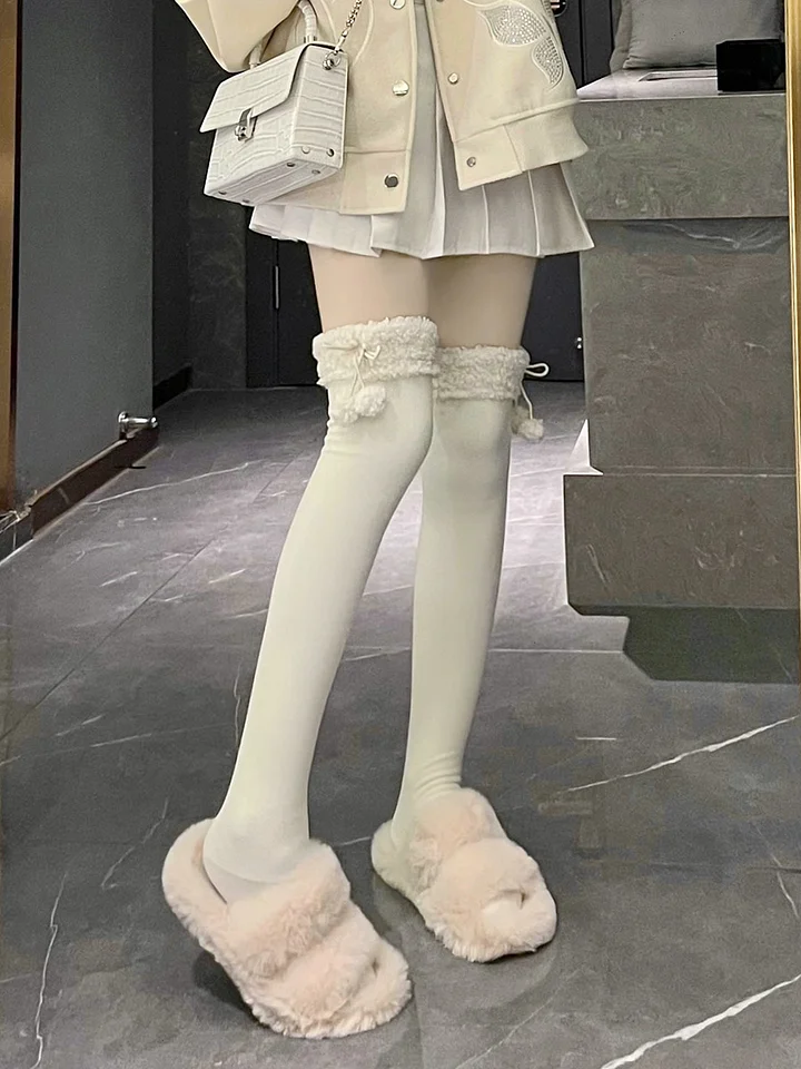 Milky White Stockings Japanese Winter Cute Lolita Thigh Socks Fleece Knee Socks High Tube Socks Lolita Accessories