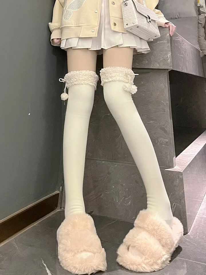 Milky White Stockings Japanese Winter Cute Lolita Thigh Socks Fleece Knee Socks High Tube Socks Lolita Accessories