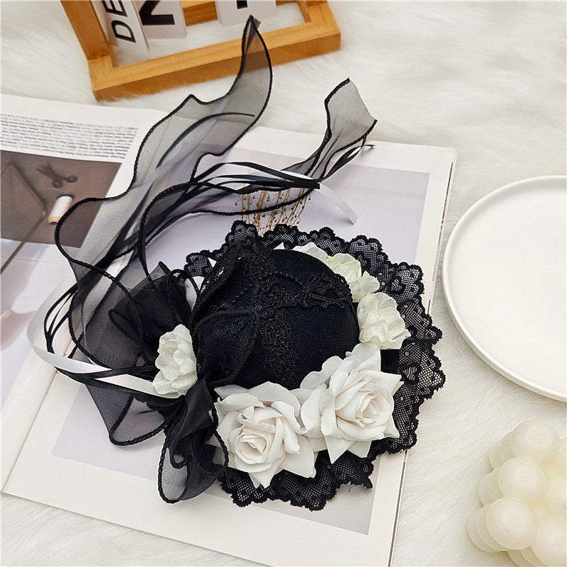 Lolita Hair Accessories Gothic Hat Decor Handmade Dark Rose Fringed Ribbon Accessories