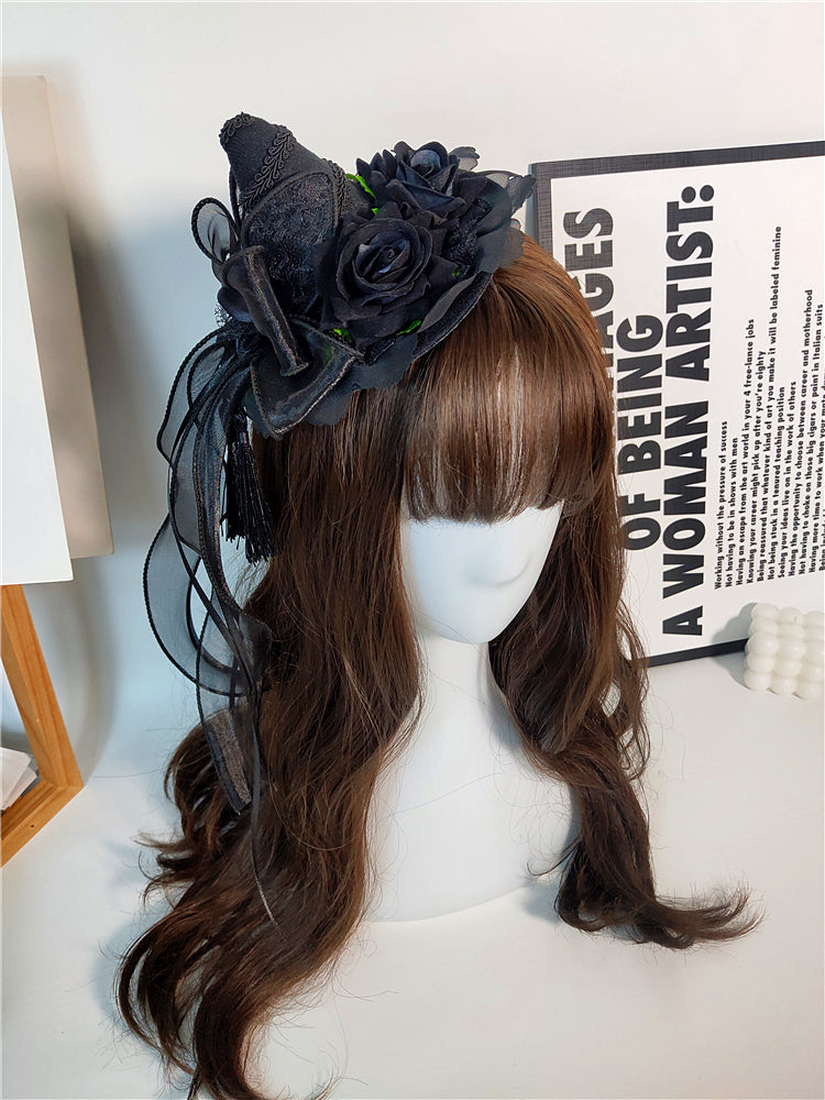Lolita Hair Accessories Gothic Hat Decor Handmade Dark Rose Fringed Ribbon Accessories