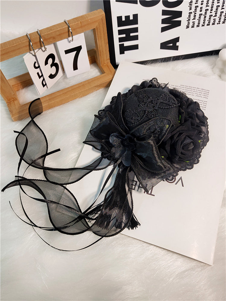 Lolita Hair Accessories Gothic Hat Decor Handmade Dark Rose Fringed Ribbon Accessories