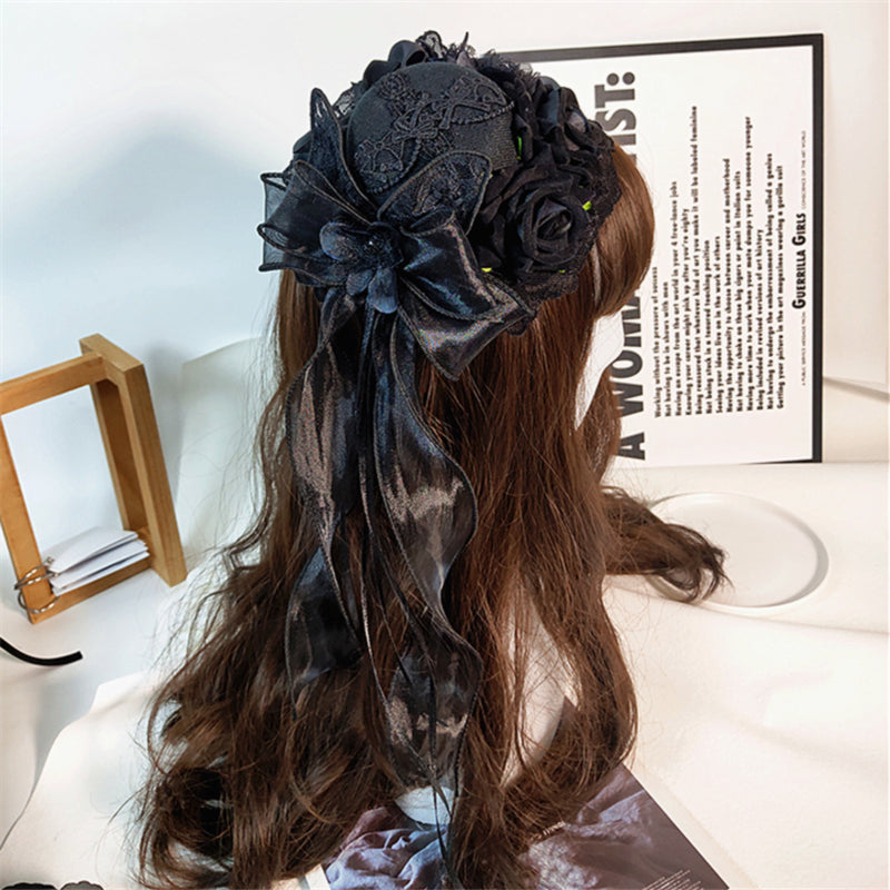 Lolita Hair Accessories Gothic Hat Decor Handmade Dark Rose Fringed Ribbon Accessories