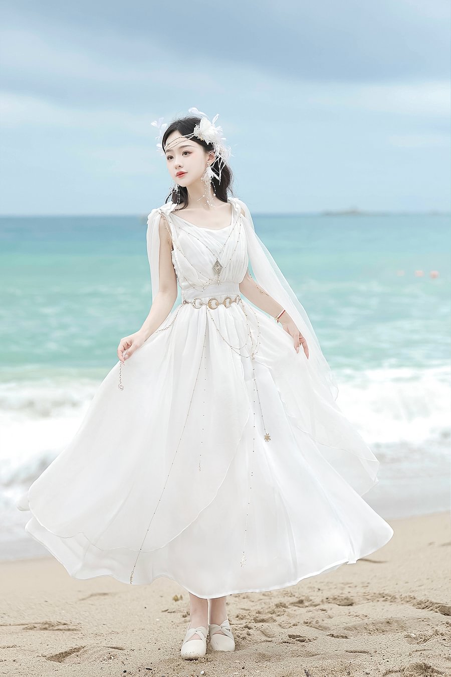 Mori Kei Fashion Greek Muse Pure White Elegant Fairy Wedding Dress Lolita Long Dress