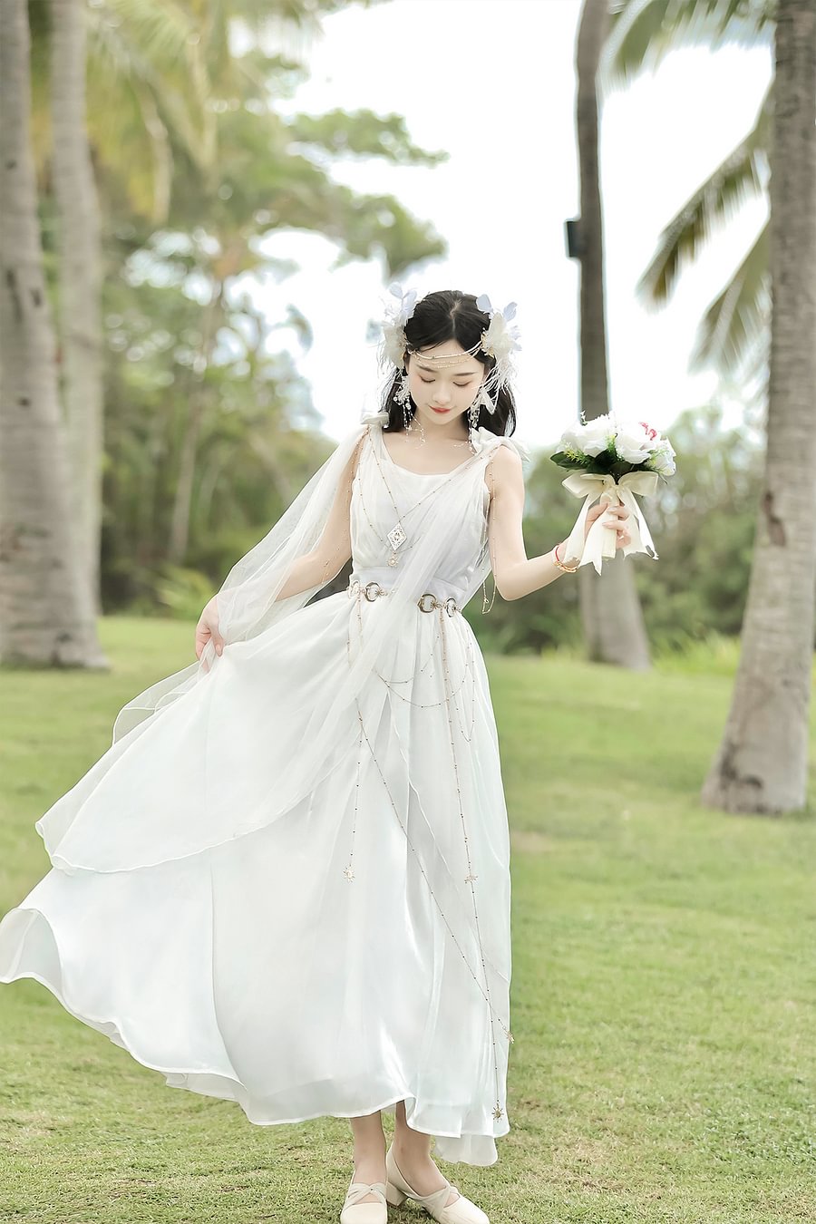 Mori Kei Fashion Greek Muse Pure White Elegant Fairy Wedding Dress Lolita Long Dress