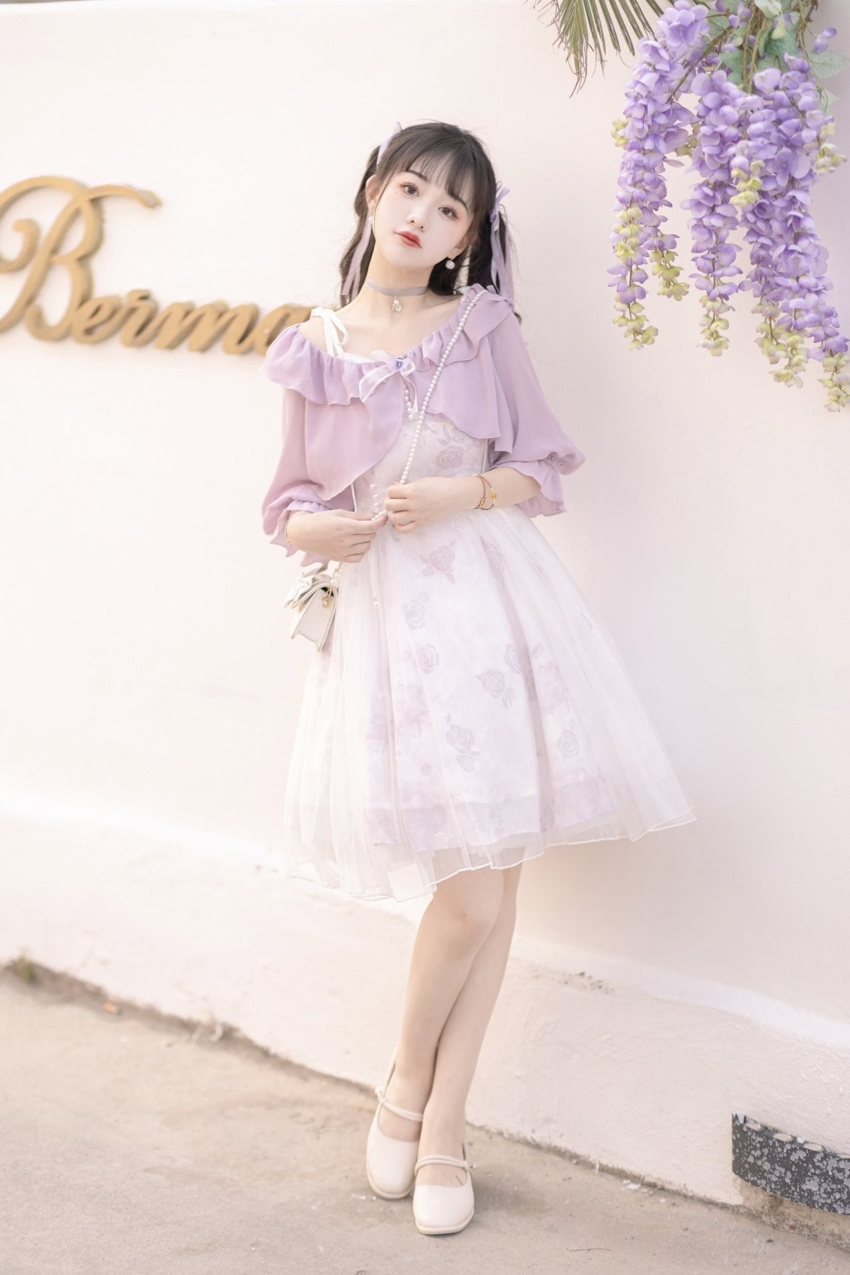 Mori Kei Fashion Lilac Purple Floral Elegant Dress Sweet Everyday Lolita Dress Set