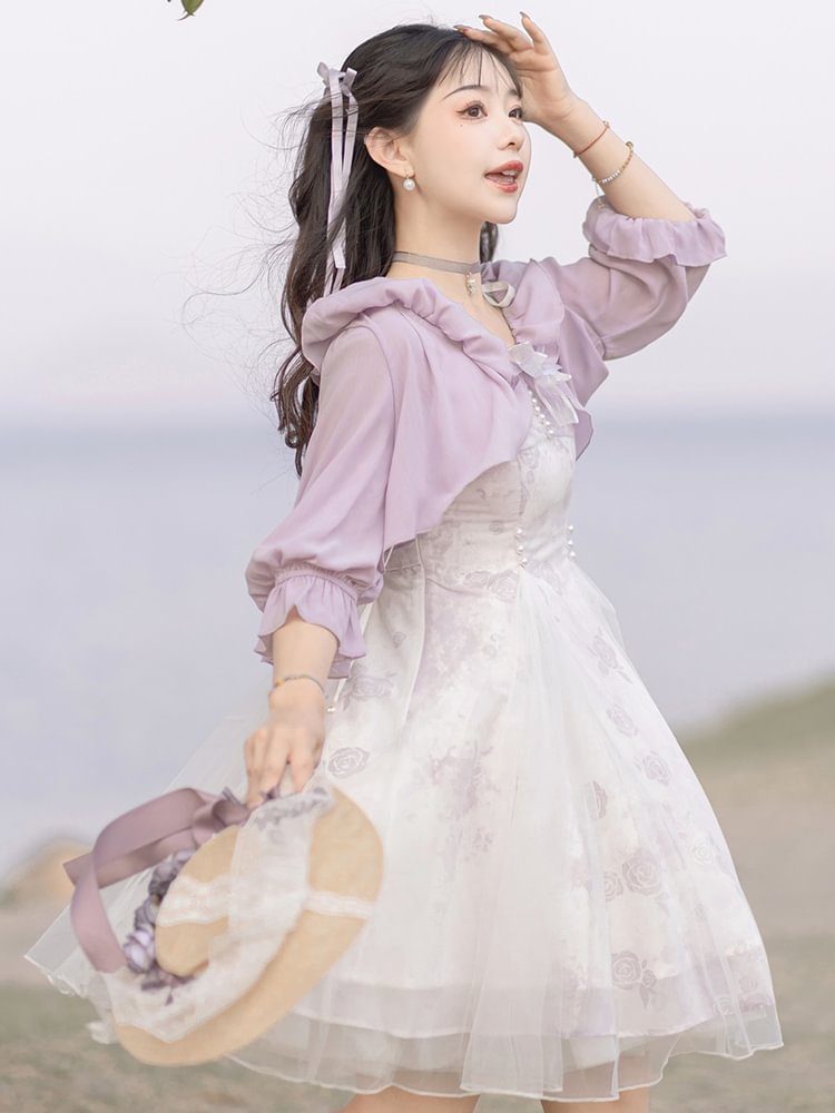 Mori Kei Fashion Lilac Purple Floral Elegant Dress Sweet Everyday Lolita Dress Set