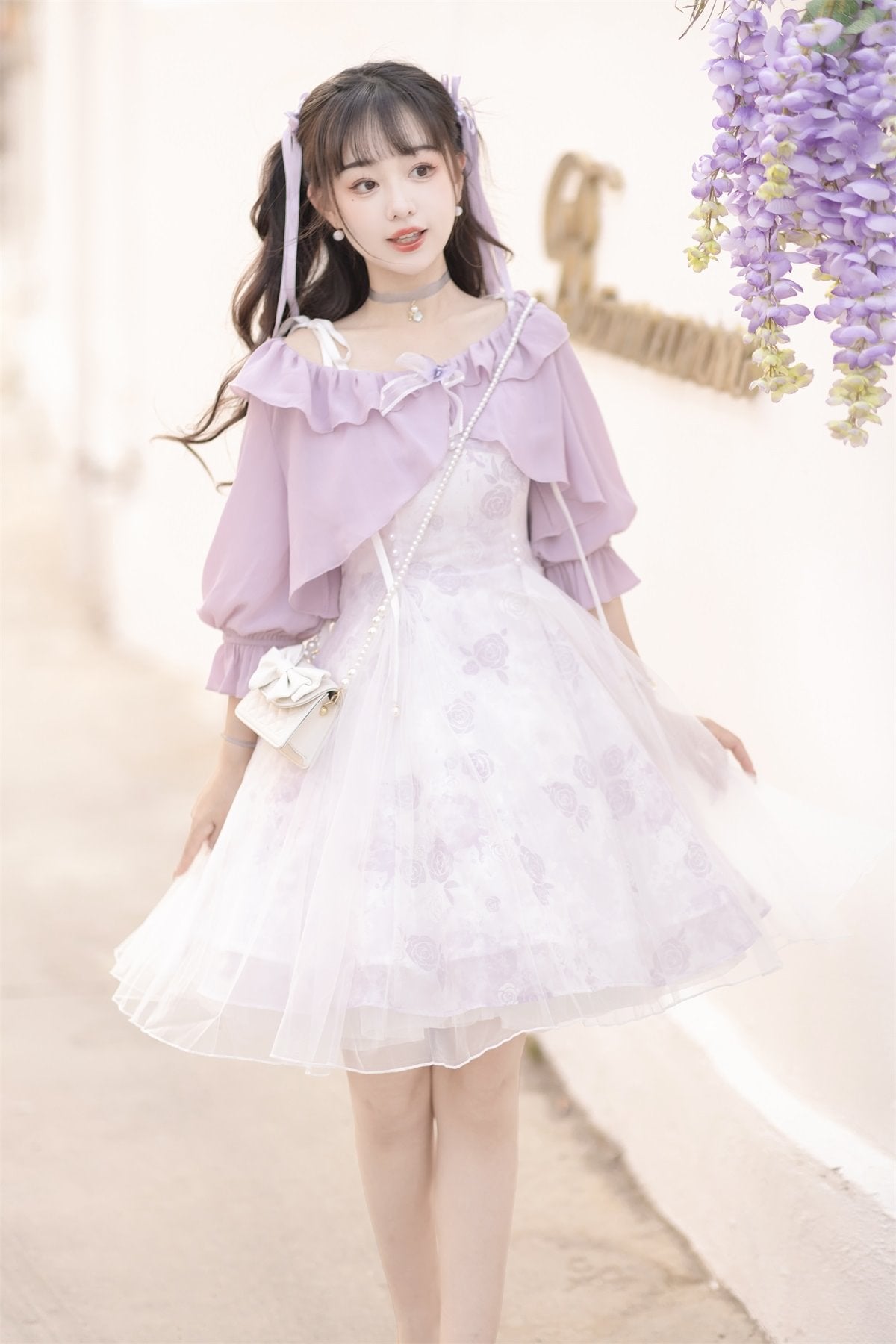 Mori Kei Fashion Lilac Purple Floral Elegant Dress Sweet Everyday Lolita Dress Set
