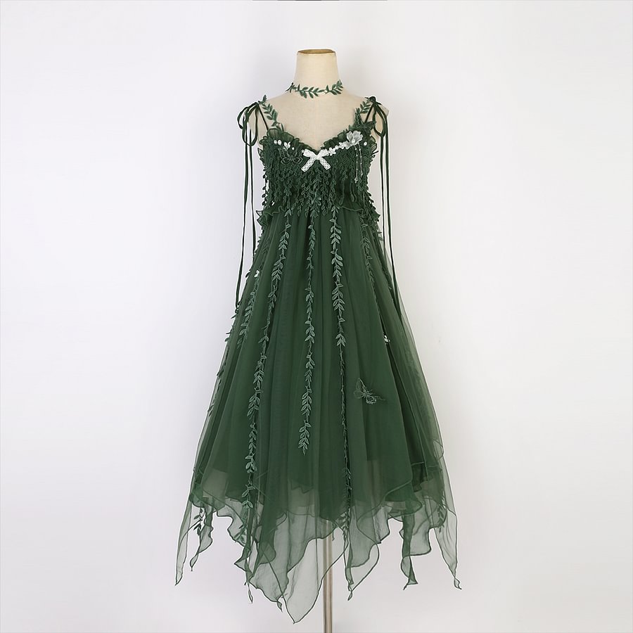 Mori Kei Fashion Lolita Dresses Forest Fairy Dark Green Elegant Dress Yarn Suspender Dress Elf JSK