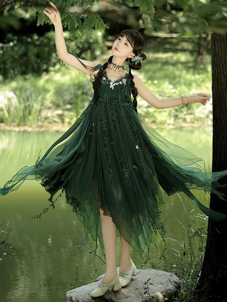 Mori Kei Fashion Lolita Dresses Forest Fairy Dark Green Elegant Dress Yarn Suspender Dress Elf JSK