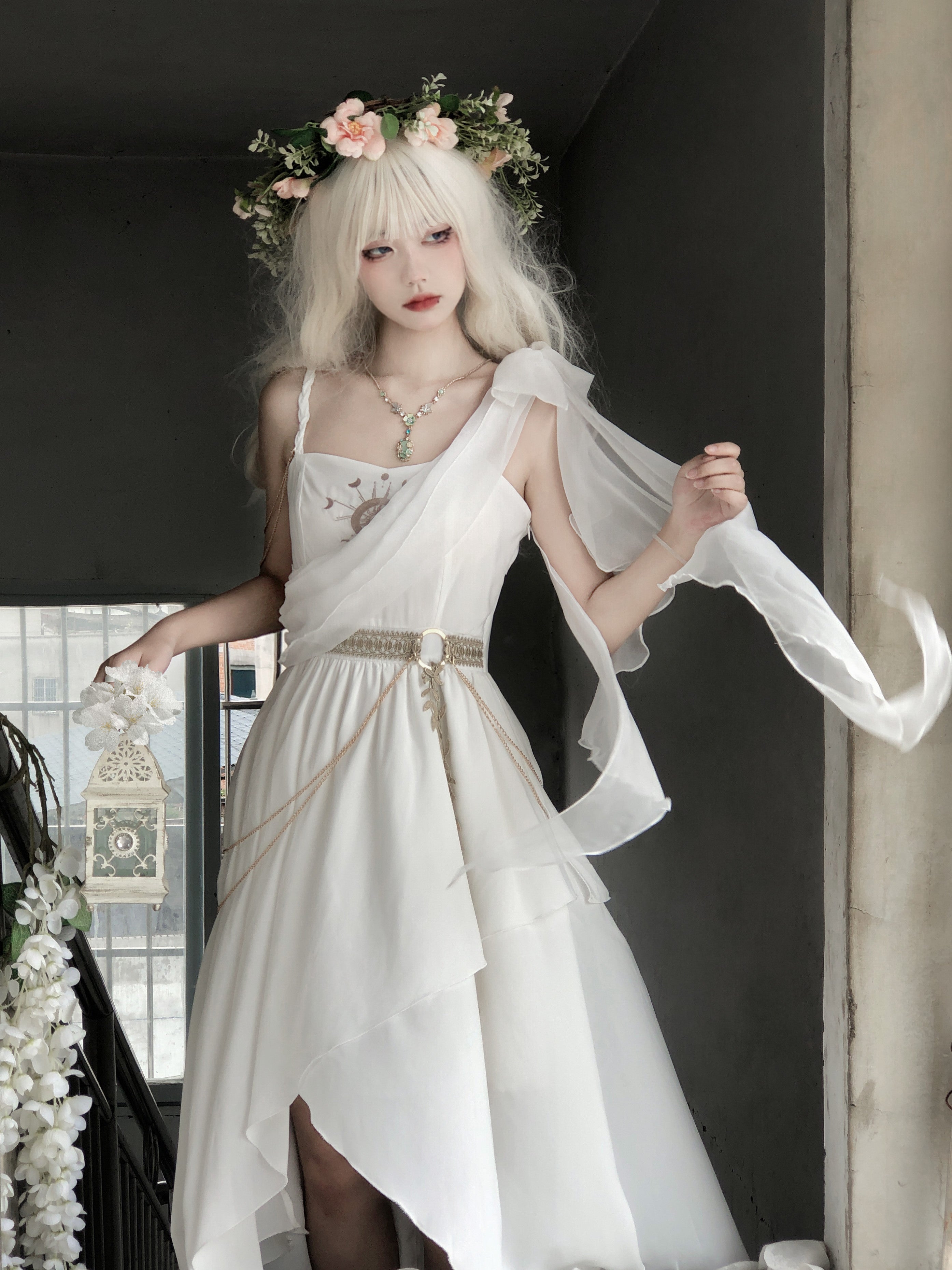Mori Kei Fashion Lolita Grecian Inspire White Chiffon Dress with Asymmetric Drape