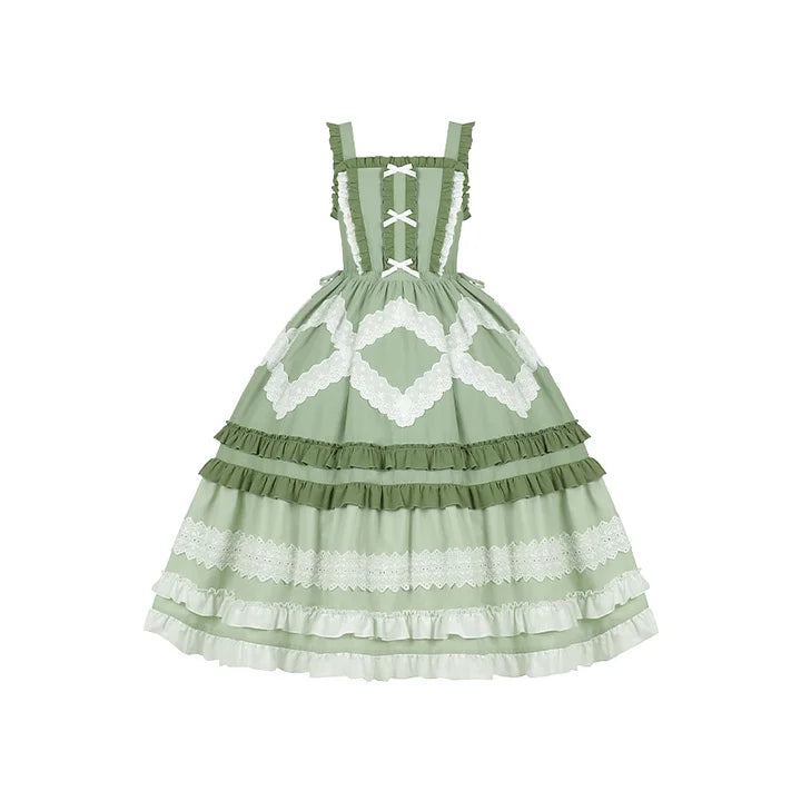 Mori Kei Fashion Pastoral Green Long Dress Elegant Suspender Lolita Dress One Piece Dress