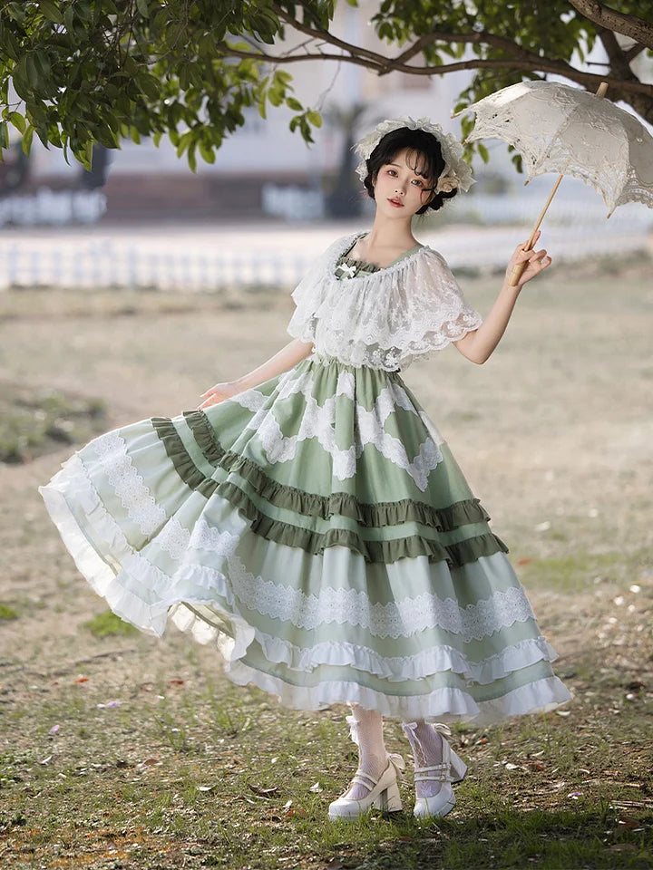 Mori Kei Fashion Pastoral Green Long Dress Elegant Suspender Lolita Dress One Piece Dress
