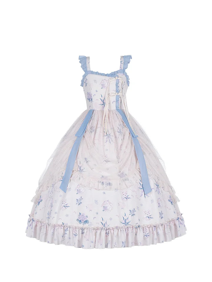 Mori Kei Fashion Sweet Floral Suspender Dress Elegant Classic Print Blue Lolita Dress