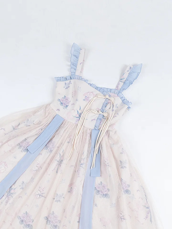 Mori Kei Fashion Sweet Floral Suspender Dress Elegant Classic Print Blue Lolita Dress