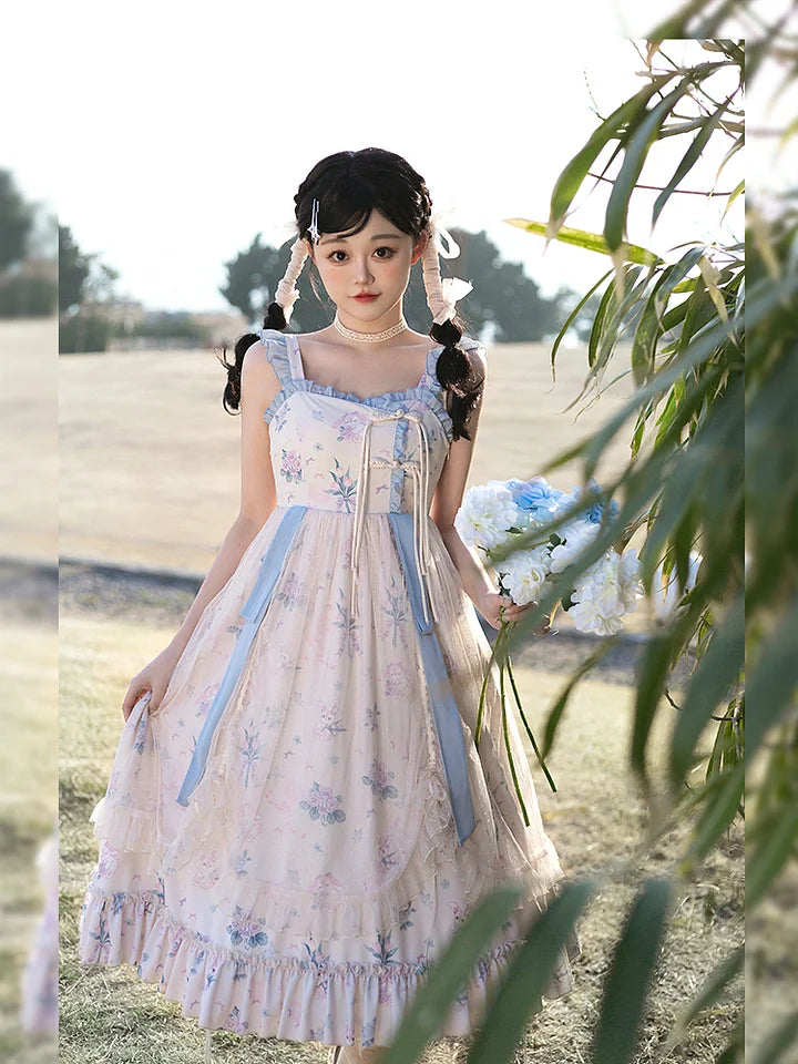Mori Kei Fashion Sweet Floral Suspender Dress Elegant Classic Print Blue Lolita Dress