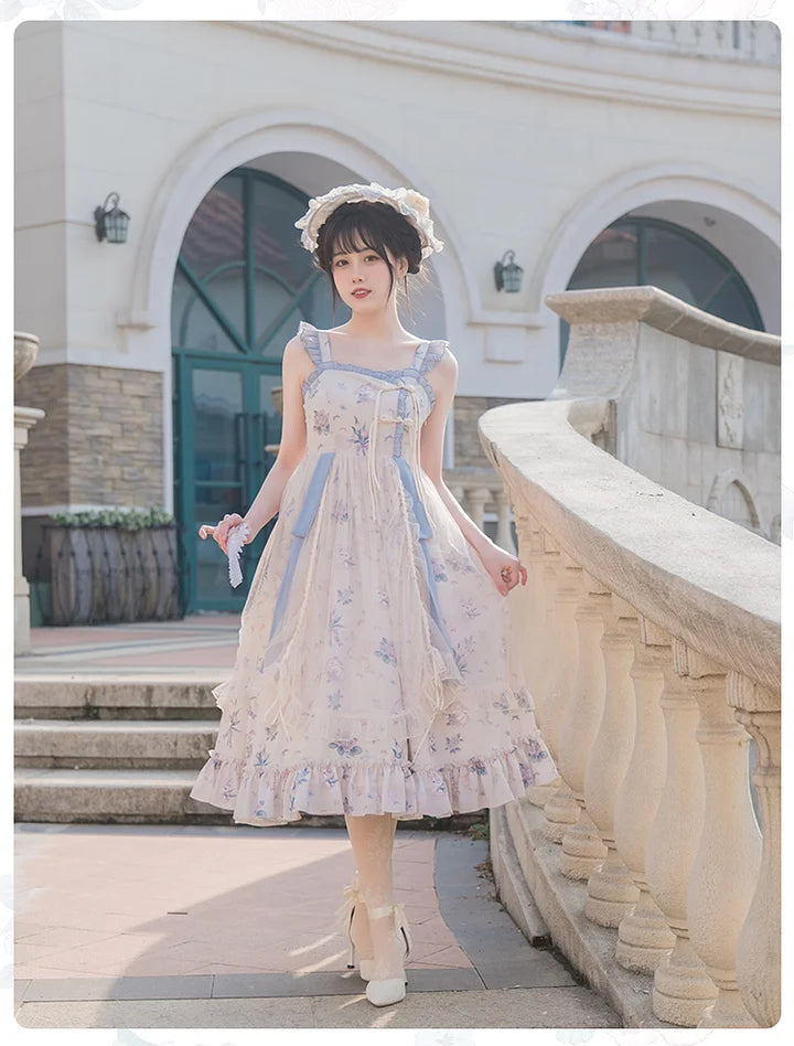 Mori Kei Fashion Sweet Floral Suspender Dress Elegant Classic Print Blue Lolita Dress