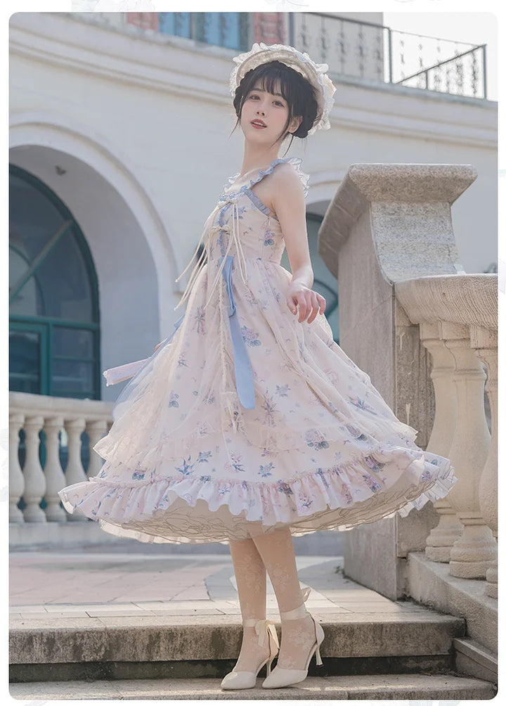Mori Kei Fashion Sweet Floral Suspender Dress Elegant Classic Print Blue Lolita Dress
