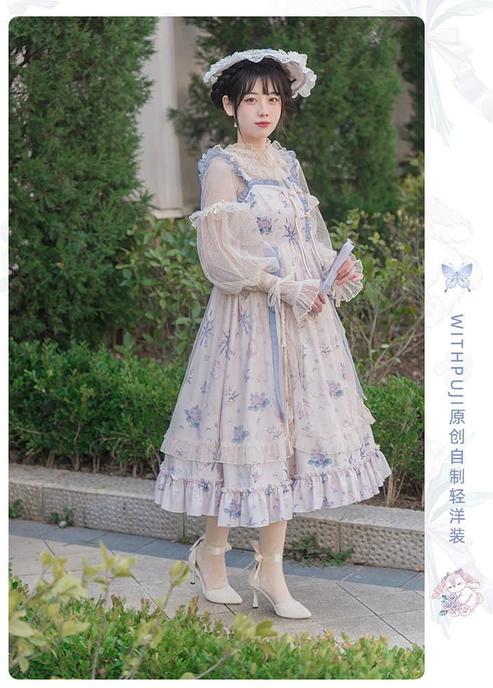 Mori Kei Fashion Sweet Floral Suspender Dress Elegant Classic Print Blue Lolita Dress