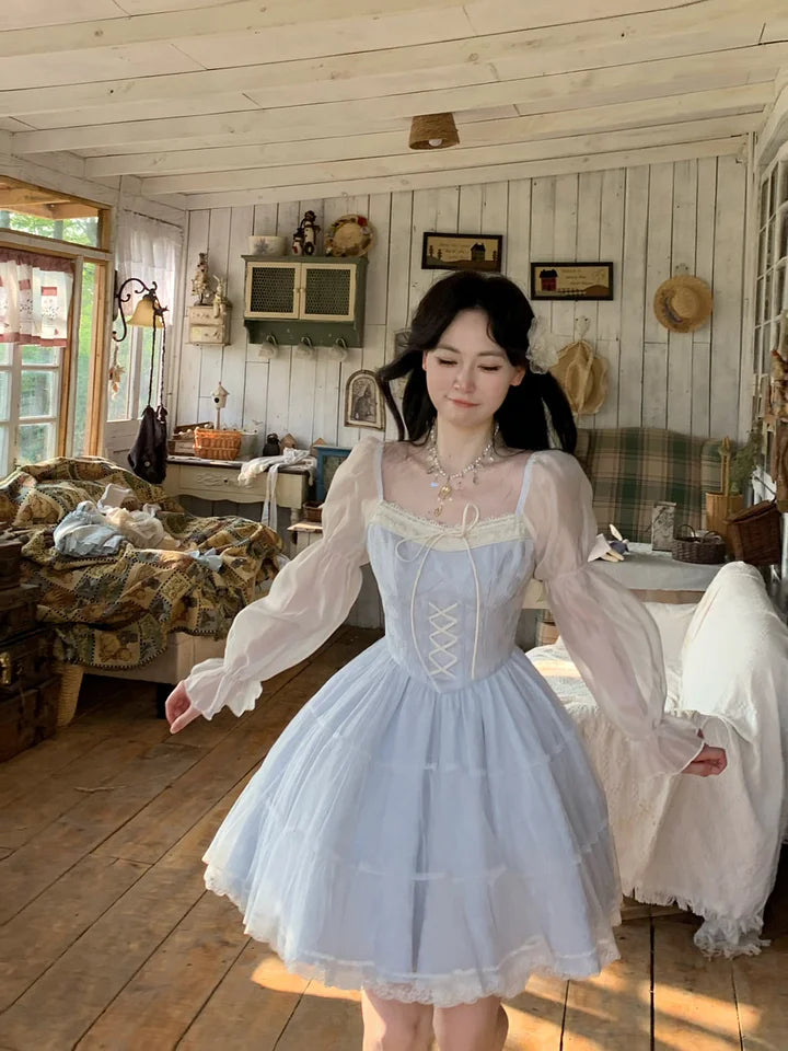 Mori Kei Fashion Sweet Lolita Princess Dress Blue-white Jacquard Chiffon Yarn Elegant French Dress Summer