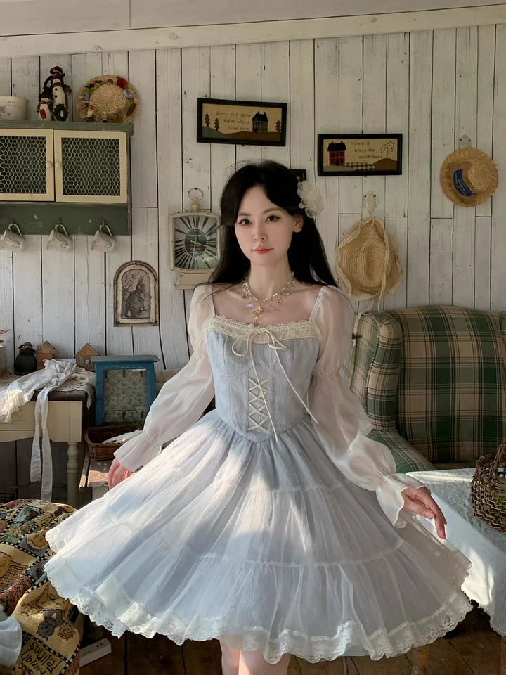 Mori Kei Fashion Sweet Lolita Princess Dress Blue-white Jacquard Chiffon Yarn Elegant French Dress Summer