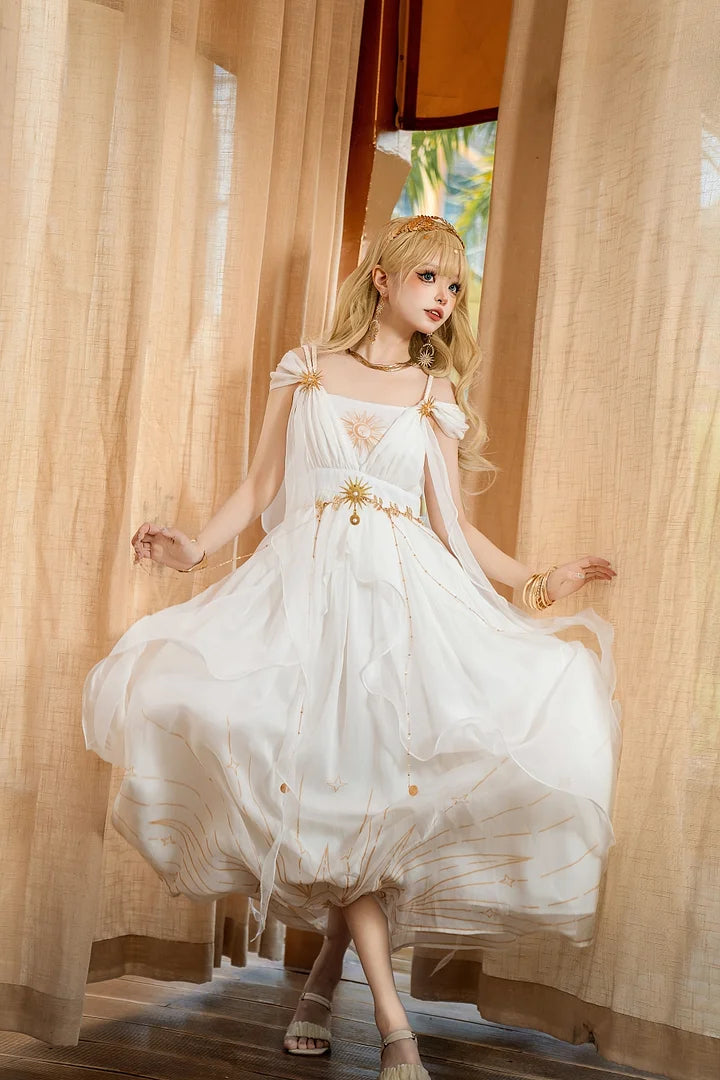 Mori Kei Fashion Elegant White Gown with Golden Celestial Motifs