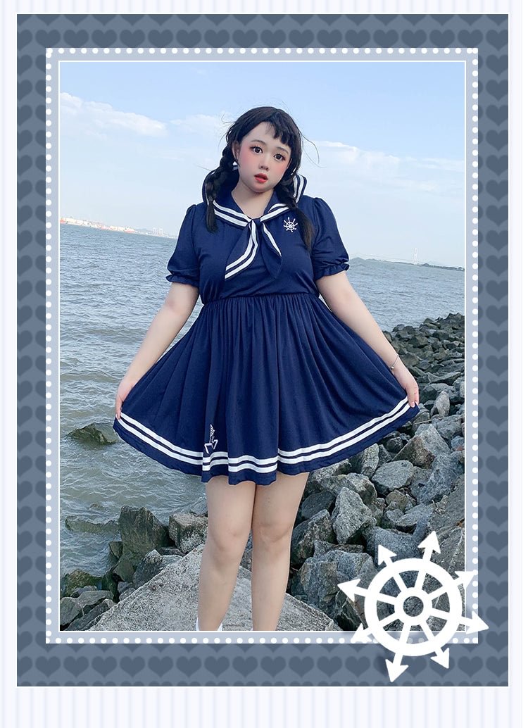 Navy Style Cute Sailor Suit Japanese KawaiiPlus Size Lolita Dress Short Sleeve Plus Size 4XL Lolita Dress One Piece Dress