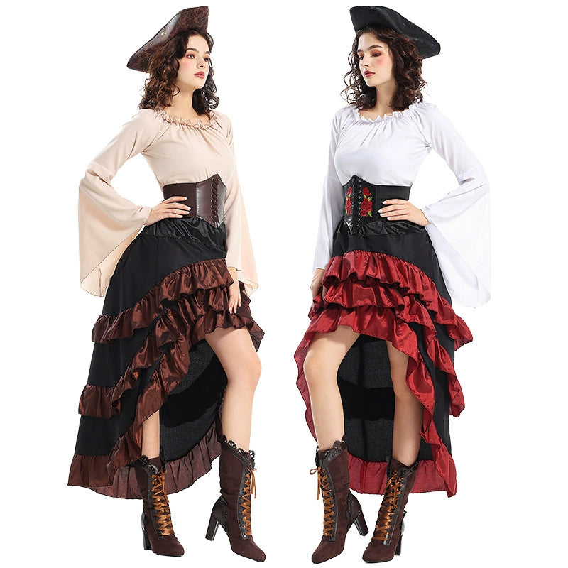 Goth Lolita Pirate Queen Dress Beige White Captain Jack Halloween Cosplay Dresses