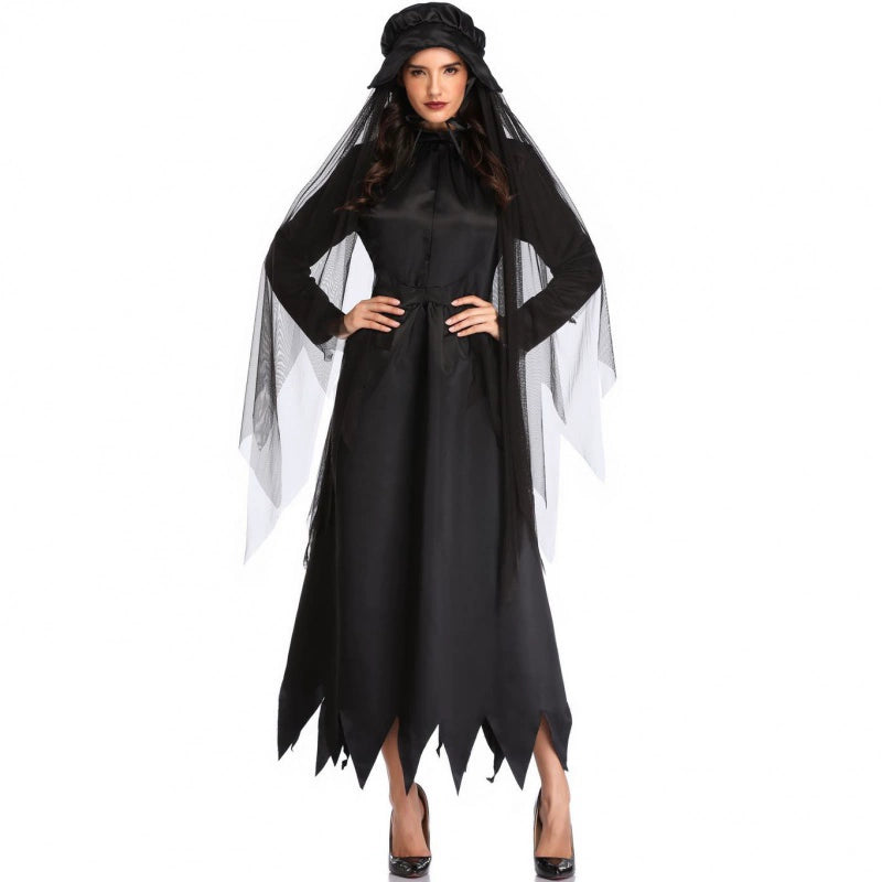 Gothic Lolita Halloween Vampire Witch Costume for Women Dark Bat Ghost Bride Cosplay Dress