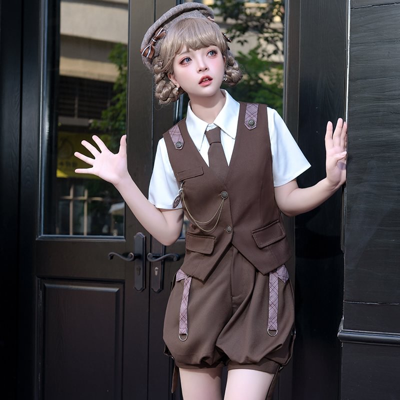 Ouji Fashion Brown Lolita Shirt Short Sleeve Overalls Prince Outfit