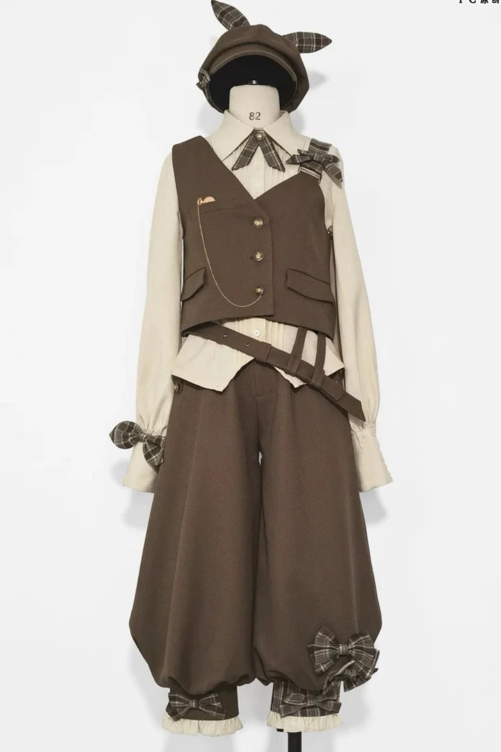 Ouji Fashion Coffee British Style Retro Spring and Autumn Cute Sweet Cool Vest Shirt Shorts Pants Prince Blouse Shirt