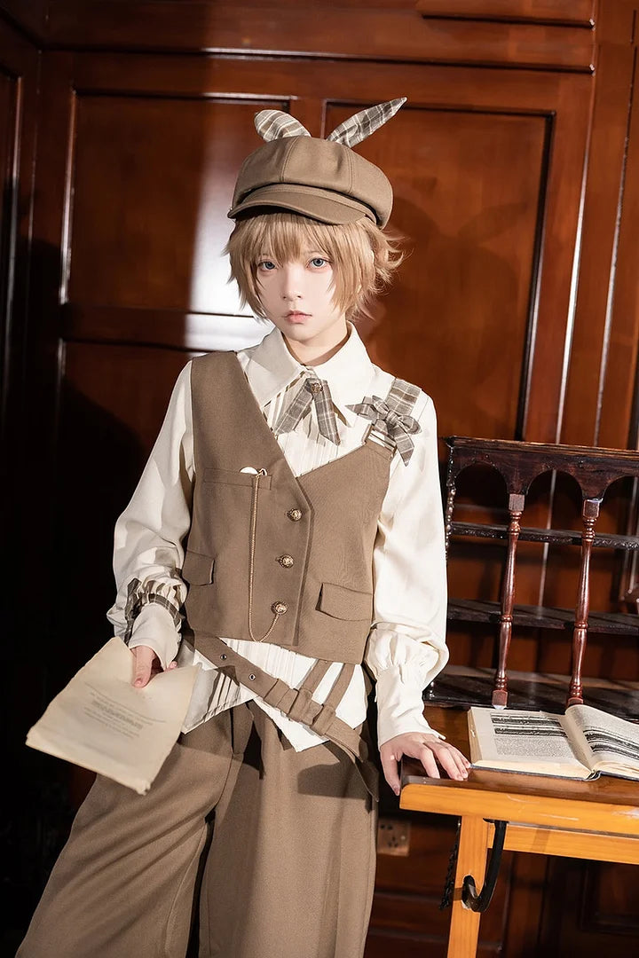 Ouji Fashion Coffee British Style Retro Spring and Autumn Cute Sweet Cool Vest Shirt Shorts Pants Prince Blouse Shirt