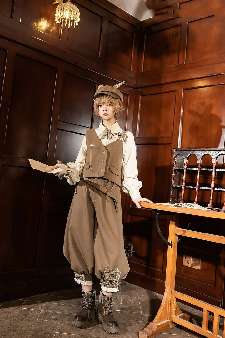 Ouji Fashion Coffee British Style Retro Spring and Autumn Cute Sweet Cool Vest Shirt Shorts Pants Prince Blouse Shirt