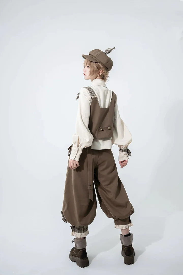 Ouji Fashion Coffee British Style Retro Spring and Autumn Cute Sweet Cool Vest Shirt Shorts Pants Prince Blouse Shirt