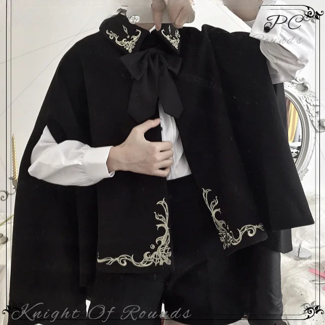 Ouji Fashion Embroidered Cape Black Set Vintage Medieval Lolita Little Prince Embroidered Wool Cloak
