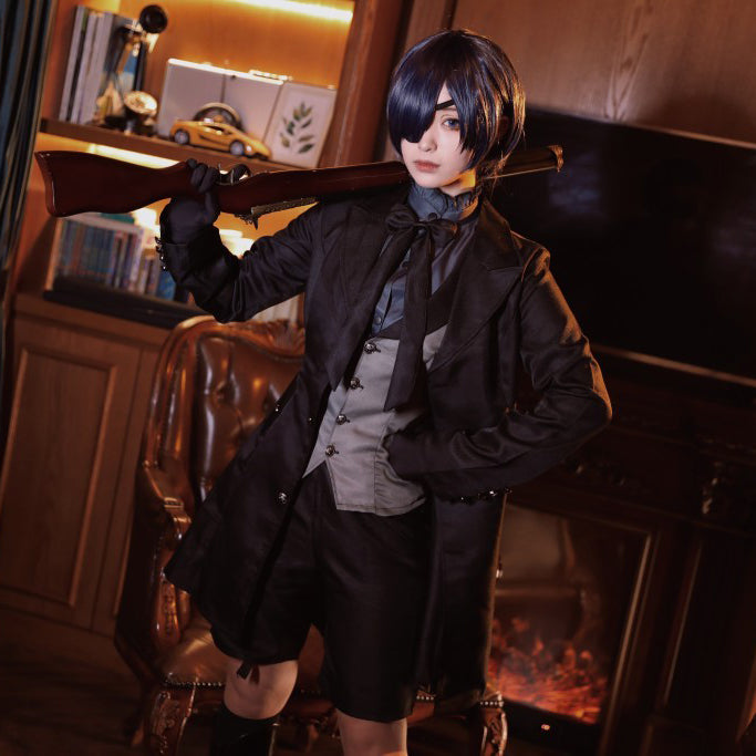 Ouji Fashion Gothic Lolita  Aristocrat  Set Black Tailcoat with Vest Shorts Black Butler