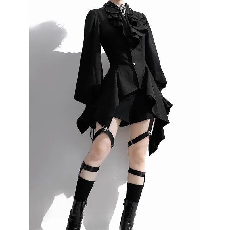 Ouji Fashion Gothic Black Lace-up Sides Corset Belt High Waist Shorts Blouse