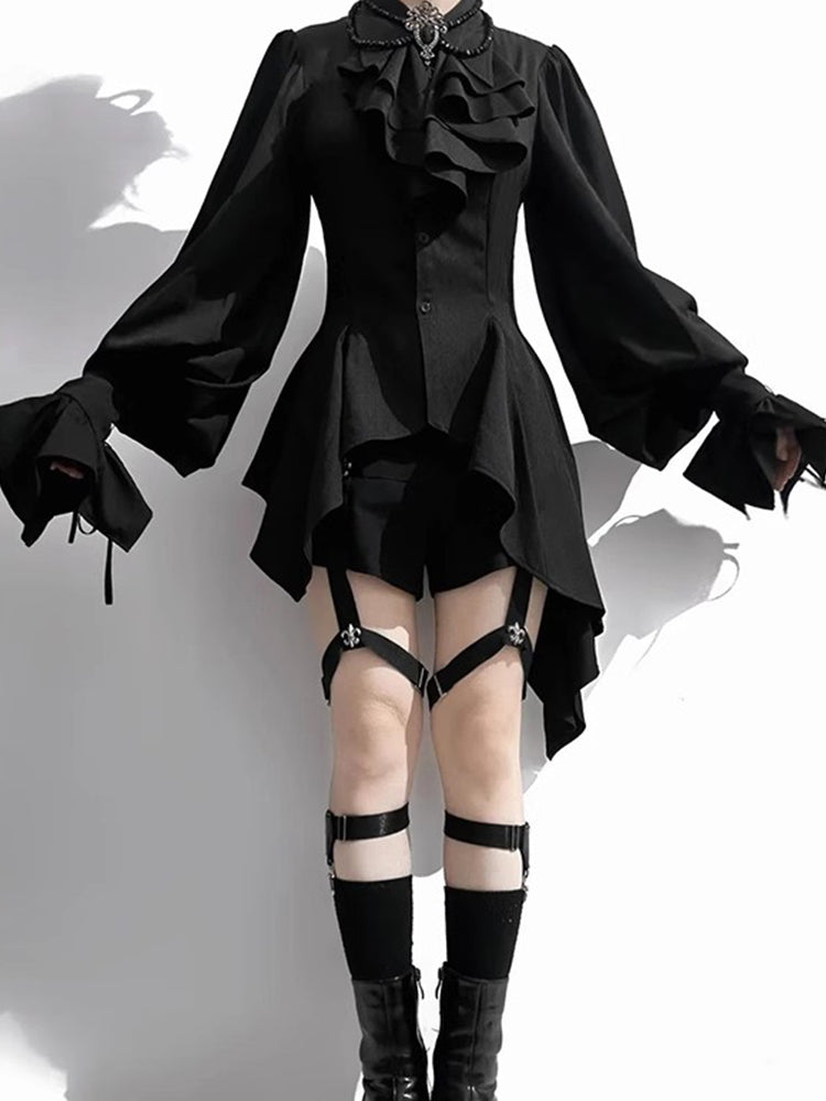 Ouji Fashion Gothic Black Lace-up Sides Corset Belt High Waist Shorts Blouse