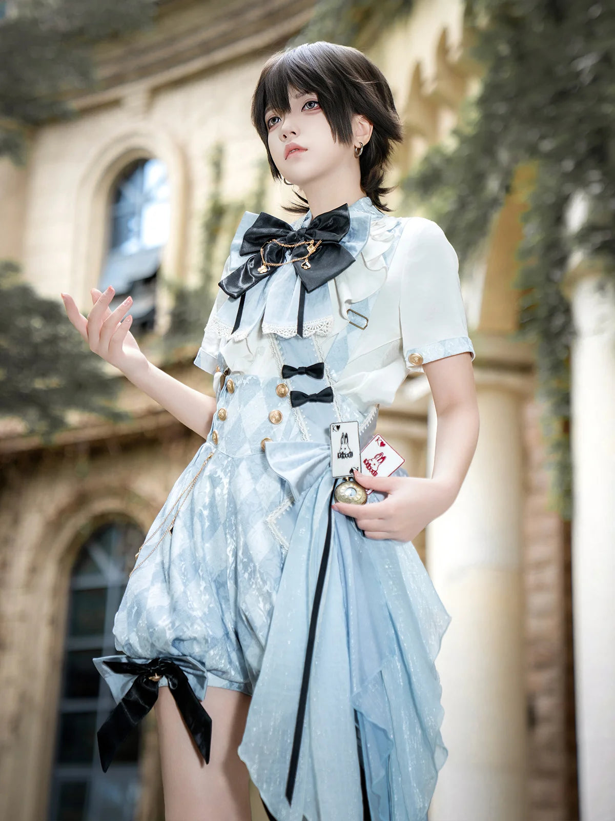 Ouji Fashion Lolita Dress Set Light Blue Ruffled Suspender Shorts Bow Top