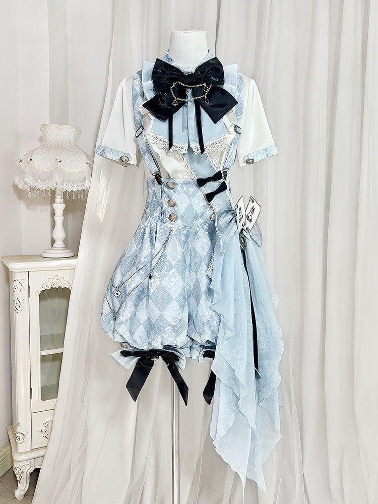 Ouji Fashion Lolita Dress Set Light Blue Ruffled Suspender Shorts Bow Top