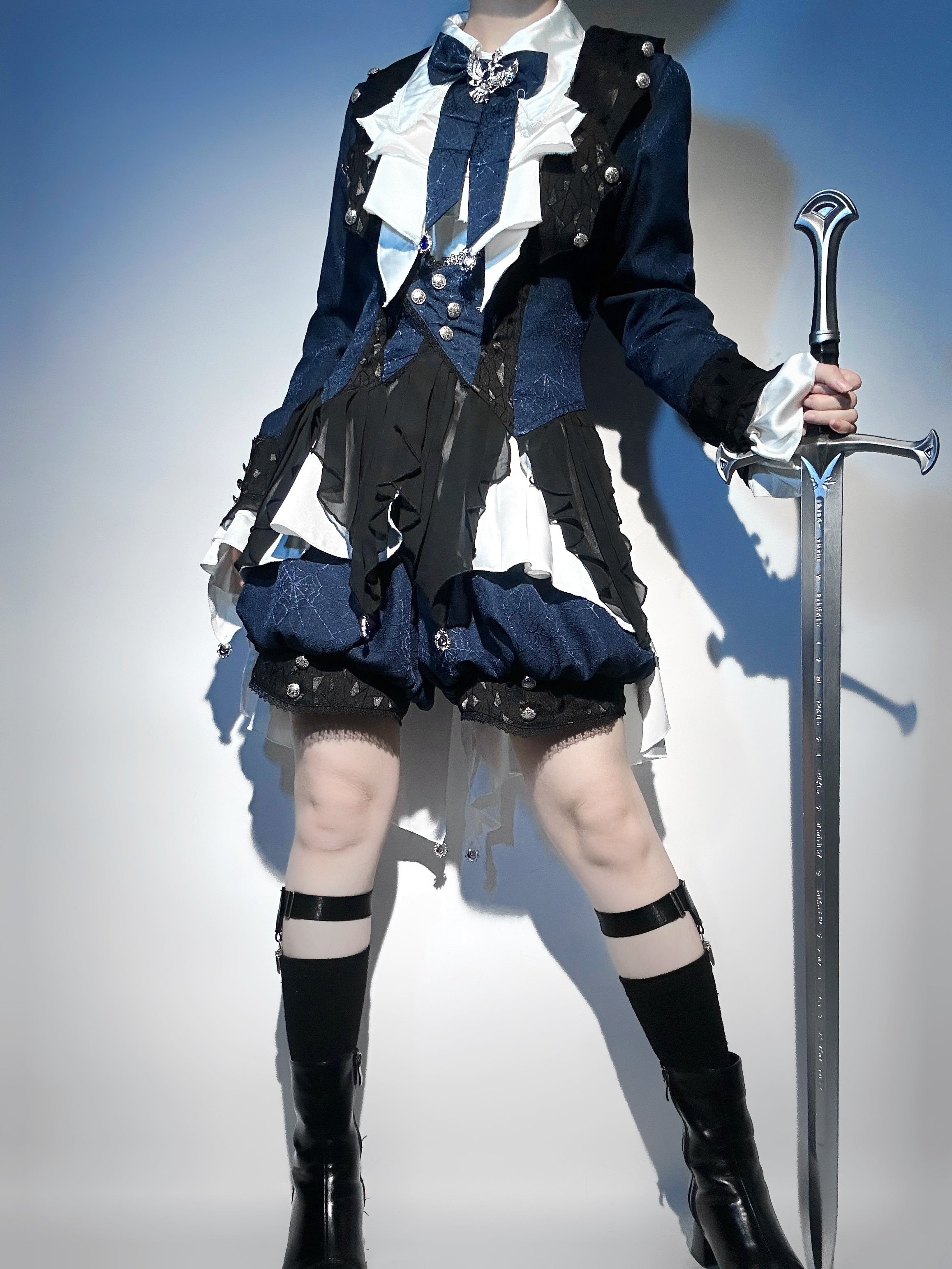Ouji Fashion Lolita Dress Suit Navy Blue Ruffle Layer Shorts Set
