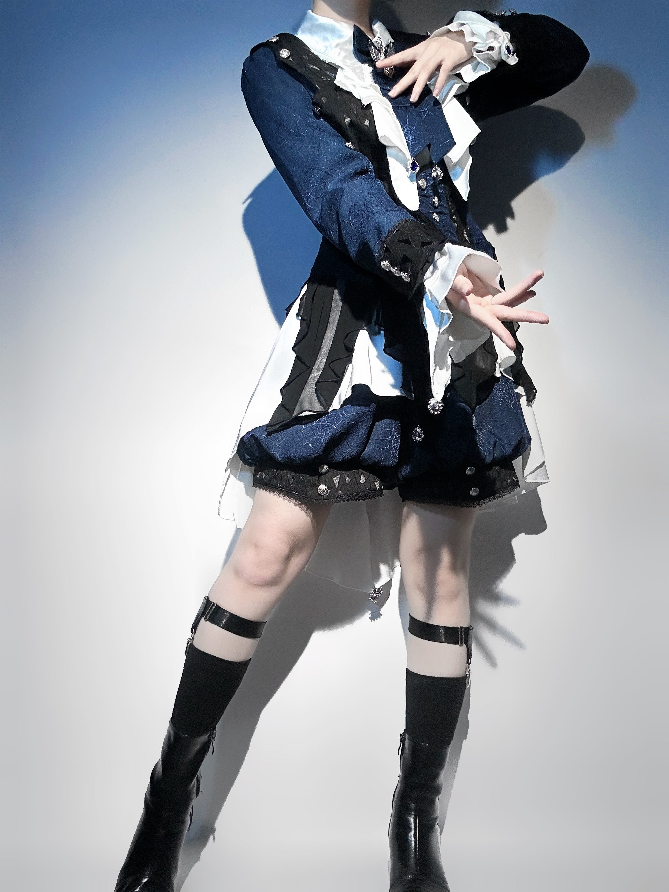 Ouji Fashion Lolita Dress Suit Navy Blue Ruffle Layer Shorts Set