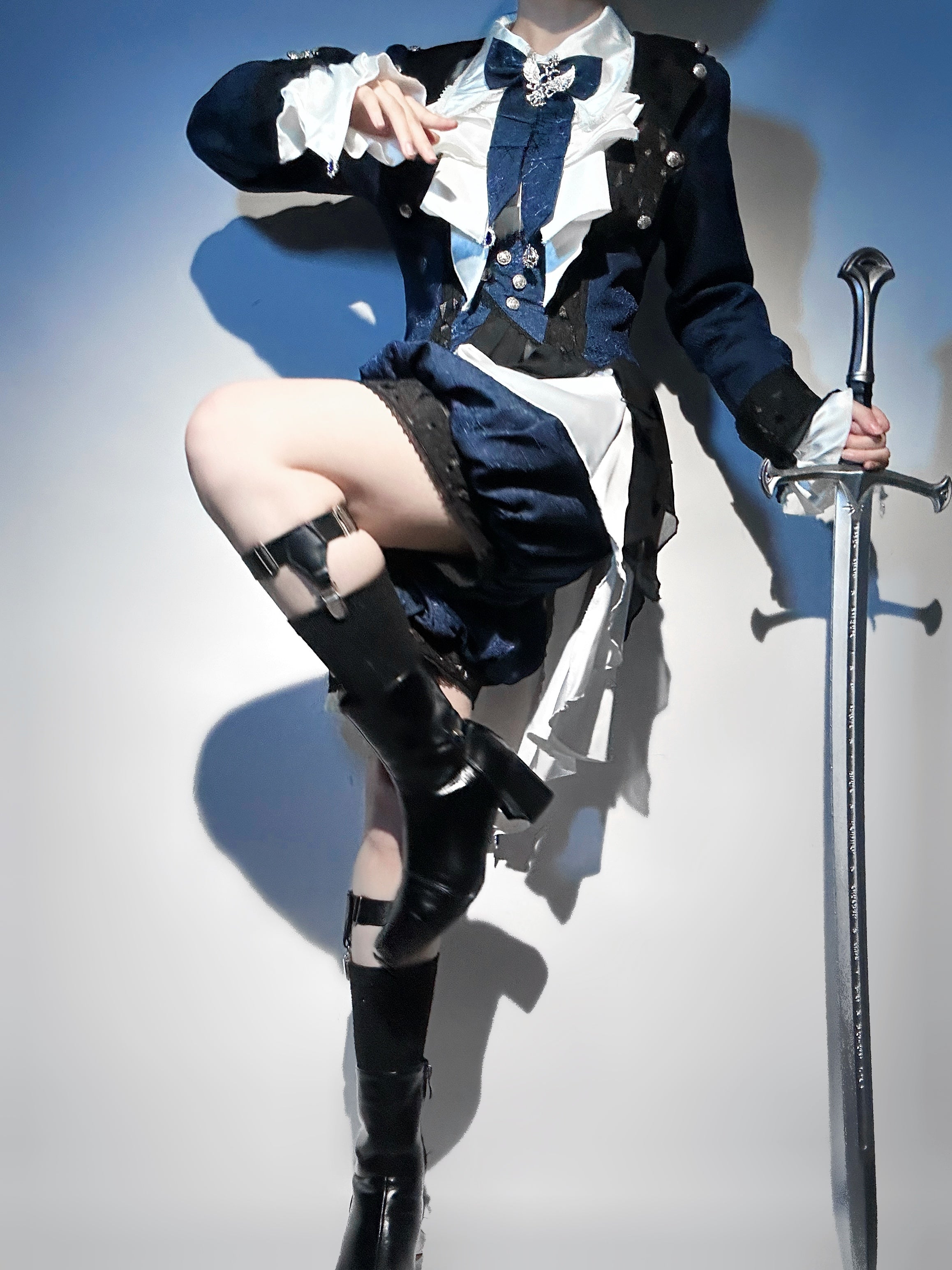 Ouji Fashion Lolita Dress Suit Navy Blue Ruffle Layer Shorts Set